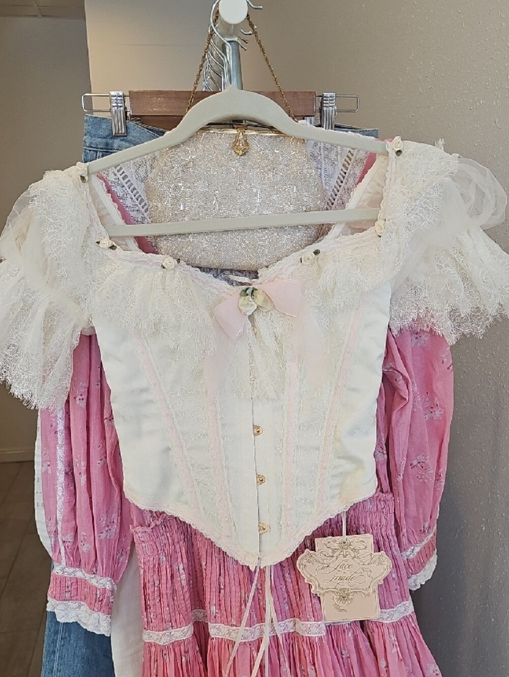 Lace Off-Shoulder Corset Top in White and Pale Pink - Picture 9 of 10